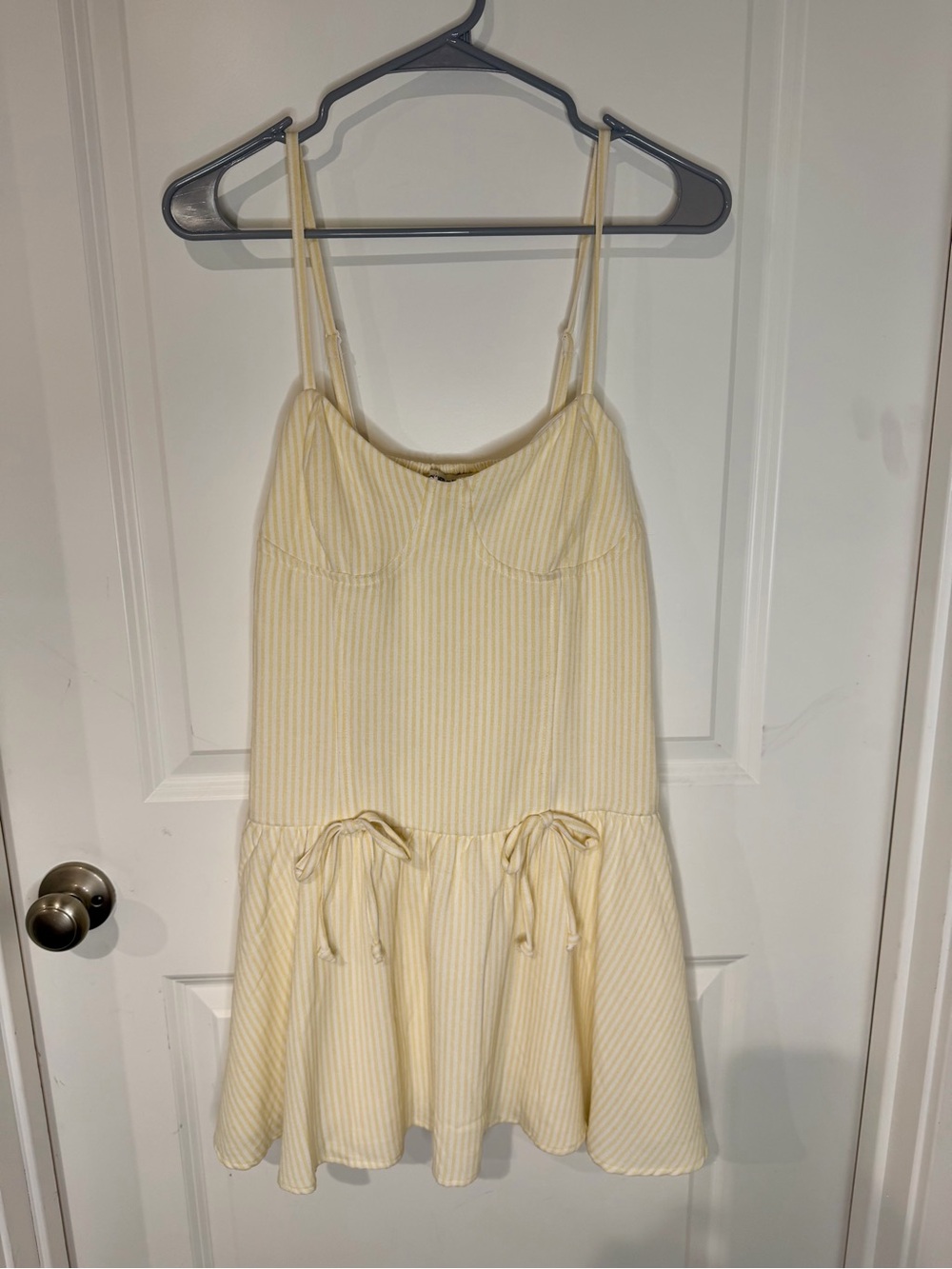 Inspired Hearts Lined Light Yellow and cream Striped Mini Dress with bows